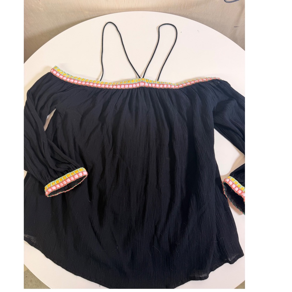 Piper by Townsen Blouse Womens XS Black Excellent Boho Off‎ Shoulder Woven Trim